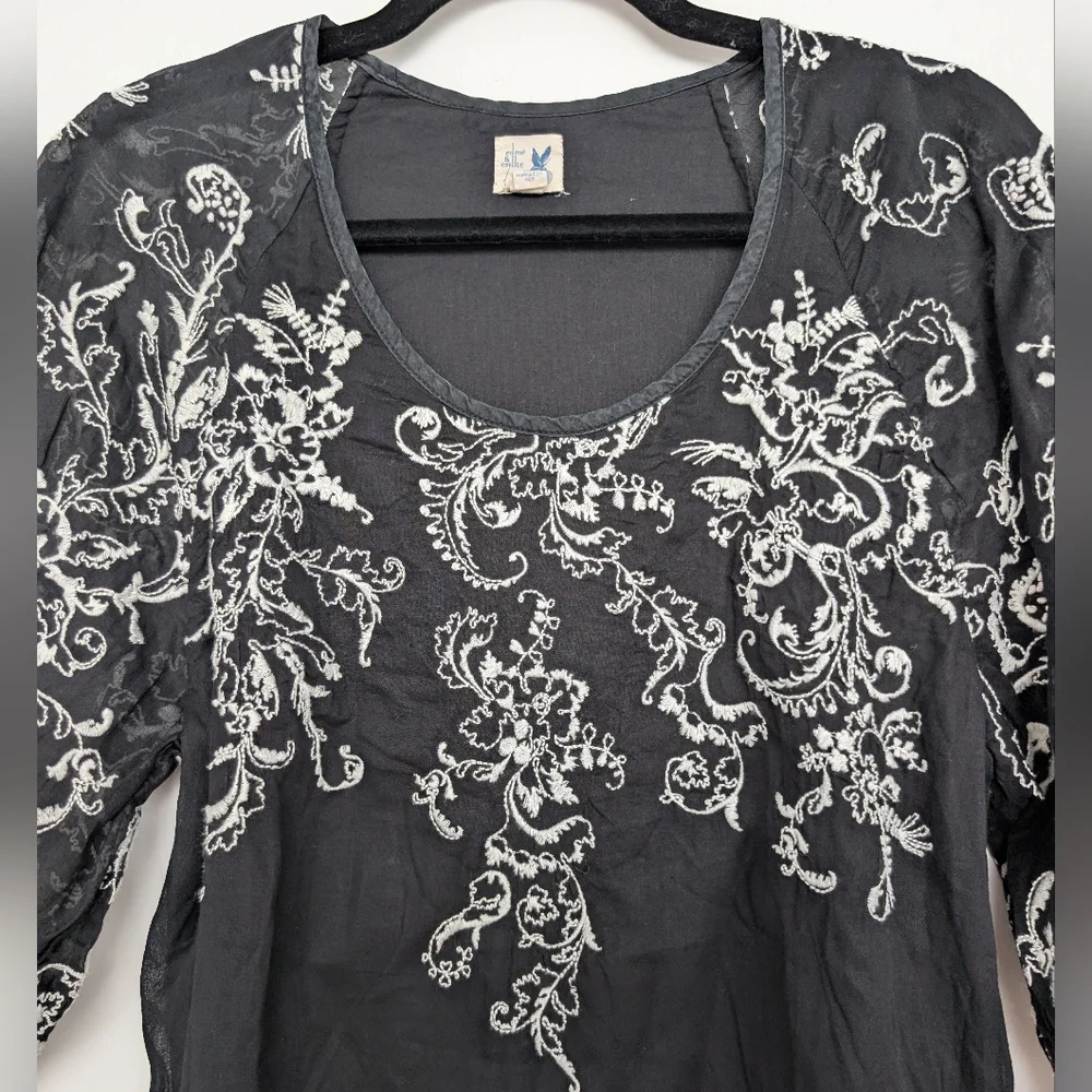 Anthropologie Edme & Esyllte Embroidered Puff Sleeve Cotton Silk Blouse Sz 6